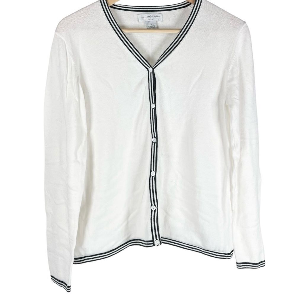 Sutton Studio White Black Cotton Tipped Button Up Cardigan Sweater Size Medium